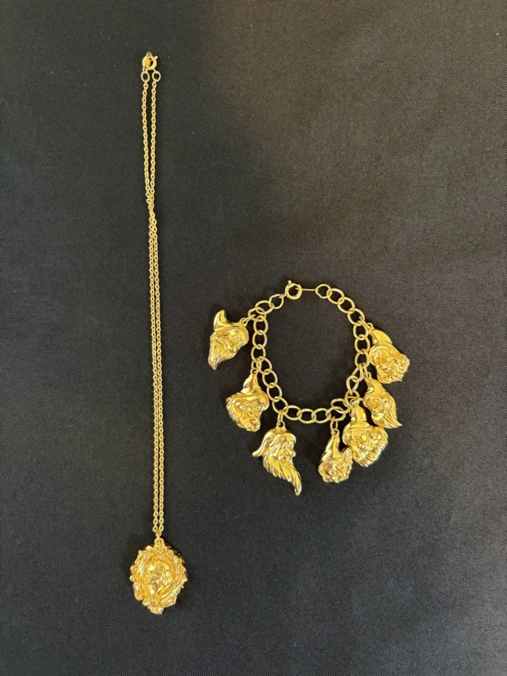 Vintage Disney Snow White Necklace & Seven Dwarfs Gold-Tone Charm Bracelet Set